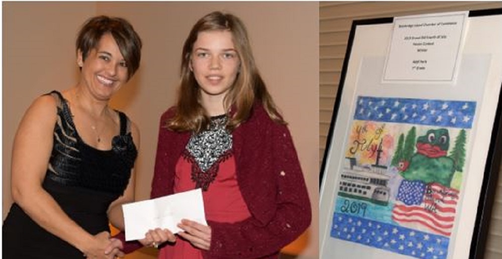 PSE Community Projects Manager, Renee Zimmerman is handing an envelope to Grand Old 4th Poster winner Addi Herb next to Addi’s prize-winning poster. 